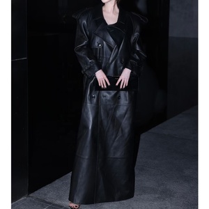 Women's Black And Brown PU <b>Leather</b> <b>Long</b> Trench <b>Coat</b> Turn-down Collar Double Breasted Belted Formal Autumn Jacket - Product Image 3