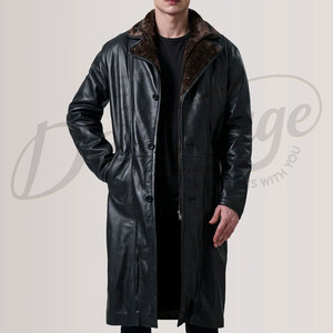 เสื้อโค้ทหนังแท้สีดำสำหรับผู้ชาย  แบบยาว  คอปกขนสัตว์  ให้ความอบอุ่นในฤดูหนาว  ทรงคลาสสิก  ทรงเข้ารูป  กันลม - Product Image 1