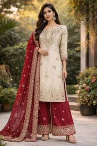 Ensemble Salwar Kameez de cérémonie pour mariage avec Duppata fantaisie et broderies riches en soie - Product Image 6