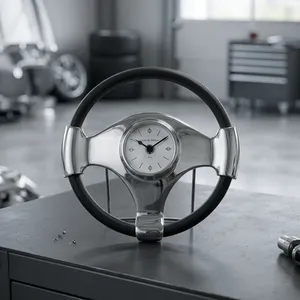 Horloge de bureau silencieuse mécanique de 10 pouces en forme de volant, avec sonnerie horaire, design minimaliste en bois, décoration de bureau automobile, cadeau pour les amateurs de voitures - Product Image 1