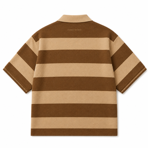 Chocolate Brown Beige Unisex Oversized Striped <b>Polo</b> T Shirt Textured Terry Cotton Custom Embroidery Private Label Streetwear - Product Image 3