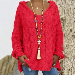 Jocoo Jolee, jerséis rojos XXXL de punto torcido de otoño para mujer, suéter informal con capucha sólida, sudaderas con capucha de estilo europeo para mujer - Product Image 1