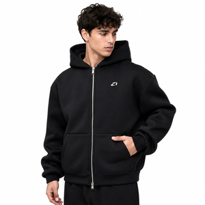 Sweat à capuche noir pour homme, en molleton de coton, coupe oversize, fermeture éclair intégrale, poche kangourou, couleur unie, style urbain, personnalisable avec logo, fabricant - Product Image 1