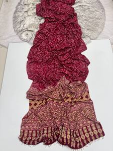 Elegant deep pink satin silk saree with unique prints rich pallu lace border and <b>designer</b> aari mirror work party wear attire - Product Image 3