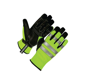 Gants de sécurité haute visibilité, bandes réfléchissantes, vert fluo, cuir noir, antidérapants, doigts texturés, poignets renforcés - Product Image 5