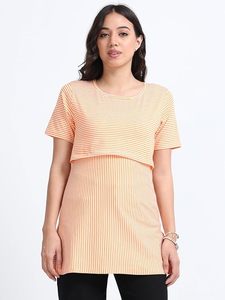 T-shirt de maternité rayé pour femme, manches courtes, col rond, coupe ample, respirant, tricoté, décontracté, mi-long, orange et noir - Product Image 4