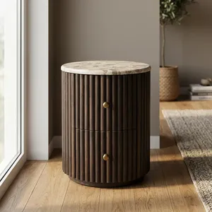 Modern Round <b>side</b> <b>Table</b> With Marble Top And Wood Frame <b>Storage</b> Drawer Living Room Furniture - Product Image 2