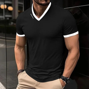 T-shirt à manches courtes pour homme, décontracté et tendance, couleur unie, col en V, avec imprimé lettres, été, polyvalent et confortable - Product Image 4