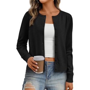 Cárdigan de punto negro para mujer, antiarrugas, grueso, con cuello redondo, botones frontales, informal, de manga larga, largo regular - Product Image 2