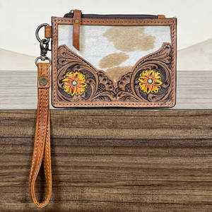 Premium Quality Tooled Genuine Leather Mini <b>Card</b> <b>Holder</b> <b>Wallet</b> Vintage Floral Design Zipper Closure Wristlet Purse for Unisex - Product Image 2