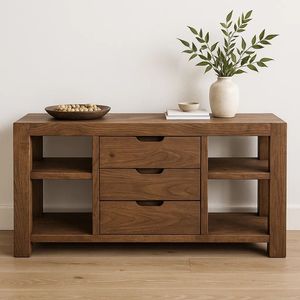Console multimédia moderne en teck avec 3 tiroirs centraux et étagères ouvertes - Product Image 1