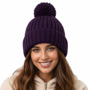 Unisex Knit Beanie <b>Hat</b> <b>Purple</b> Pom Pom Winter Cap Casual Stretch Fit Adult Headwear Solid Color Hand Knitted Acrylic Warm Cozy - Product Image 1