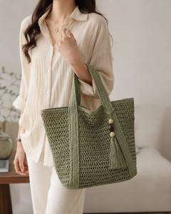 Custom Luxury Handwoven <b>Straw</b> Tote <b>Bag</b> Green Raffia Mesh Beach <b>Bag</b> with Tassel Wooden Beads Large Summer Resort Women Handbag - Product Image 1