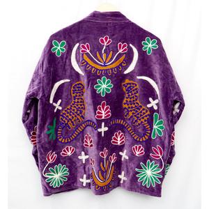 Purple <b>Velvet</b> Embroidered Floral <b>Jacket</b> Bohemian Style Mandarin Collar Three Quarter Sleeve Casual Outerwear Hand Embroidery - Product Image 6