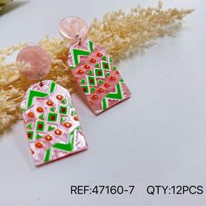 Orecchini Dipinti Rosa Verde con Motivo Geometrico, Gioielli Statement, Accessorio di Moda - Product Image 3