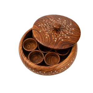 Boîte à épices en bois artisanale à 7 compartiments |   Conteneur de rangement pour épices indiennes en bois massif - Product Image 2