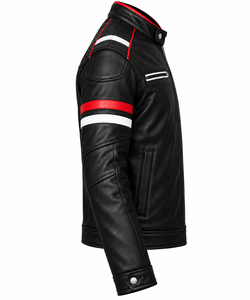 Blouson moto en cuir PU noir pour homme, col montant, fermeture éclair, coupe ajustée, manches classiques, pour l'automne, motif rayé rouge et blanc - Product Image 4