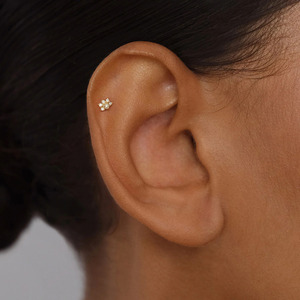 14k Solid Gold Lab Diamond Pearl Piercing Jewelry Internally Threaded Flat <b>Back</b> Labret Stud Cartilage Helix Tragus <b>Earring</b> - Product Image 2
