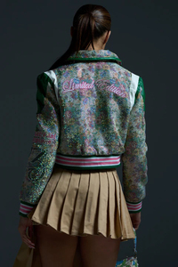 Floral <b>Sequined</b> Varsity <b>Jacket</b> Turn-Down Collar Glitter Print Preppy Style Short Length Front Customizable Unisex Autumn Wear - Product Image 4