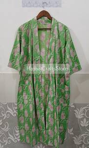 Bata Kimono Larga sin Cuello para Mujer con Estampado de Bloques Indios, Mangas Largas, Cierre con Cordón, 100% Algodón, para Baño - Product Image 3