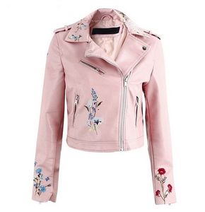 Pink PU Leather Slim Fit Short Moto Jacket Full Sleeve <b>Zipper</b> Closure Turn-down Collar Women's Spring Style - Product Image 1