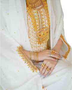 Awais House Women's White Organza Floor-Length Eco-Friendly A-Line Abaya Gold Embroidery V-neck Long Sleeve Modest Evening Dress - Product Image 3