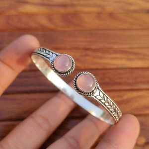Pink Chalcedony Twin Gem Open Bangle Handmade <b>silver</b> Plated <b>Cuff</b> <b>Bracelet</b> Boutique Jewelry Supplier - Product Image 5