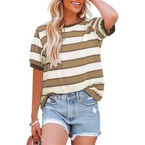 Camisetas de Verano para Mujer 2026, Camisetas de Moda a Rayas con Bloques de Color, Manga Corta, Cuello Redondo, Casuales, Holgadas, Básicas - Product Image 1