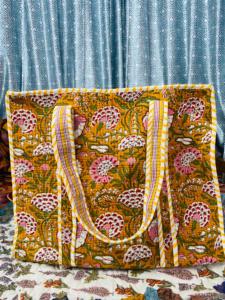 Women Handmade Quilted Cotton <b>Boho</b> Style Tote <b>Bag</b> Mustard for Drawstring Closure Large Shoulder Carry for Retail Export Alif - Product Image 6