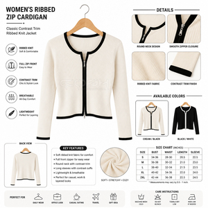 Cardigan en acrylique tricoté crème à manches longues et col rond avec fermeture éclair sur le devant, style décontracté, bordure contrastante, de la sororité Cosh International - Product Image 6