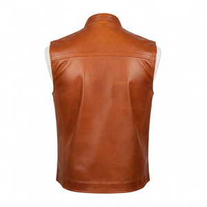 Chaleco de Cuero Genuino para Hombre, Color Cognac, Cuello Alto, Cierre Frontal con Cremallera, Chaleco de Motociclista, Marca Privada OEM, Chalecos y Chaquetas para Hombre - Product Image 2