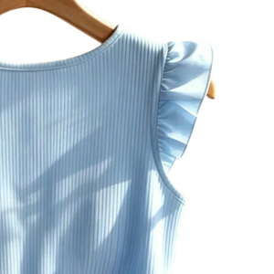 Chemisier d'été décontracté pour femme en maille côtelée, manches à volants, boutonnage frontal, col carré uni, 100% polyester, bleu - Product Image 4