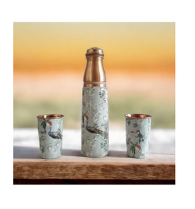 Bouteille d'eau en cuivre émaillé imprimée, motif floral, pour eau chaude et jus, bouteille en cuivre pur avec artisanat de haute qualité - Product Image 2