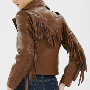 Veste de moto en cuir d'agneau véritable marron pour femme, fermeture éclair, col rabattu, veste en cuir tendance - Product Image 5
