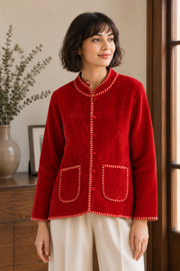 Blouson Bomber en Velours Rouge pour Femme avec Col Montant, Design Matelassé, Rembourrage en Coton, Respirant, Écologique, Vêtement d'Extérieur Décontracté pour l'Hiver - Product Image 4