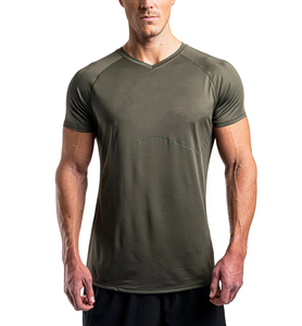 T-shirt de sport pour homme, vert olive, col en V, séchage rapide, manches courtes, coupe ajustée, tricoté en polyester, couleur unie, pour le fitness - Product Image 4