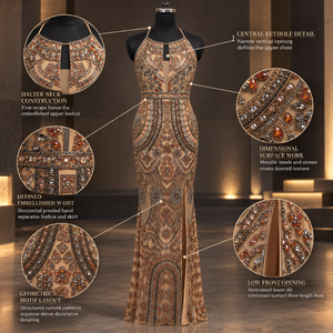Statement Bronze Embellished Evening Gown Halter Neck Keyhole Bodice Geometric Beadwork | Fitted Floor Length Sheath Party <b>Dress</b> - Product Image 5