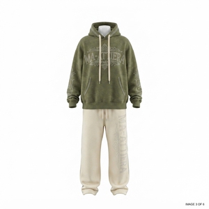 Conjunto de Sudadera con Capucha Verde Oliva Personalizada y Pantalones Jogger Crema, Chándal de Algodón con Pedrería, Ropa Urbana, Venta al por Mayor OEM - Product Image 4