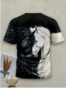 T-shirt à manches courtes pour homme, imprimé cheval noir et blanc, col rond, coupe classique, vêtement décontracté, tissu en polyester respirant - Product Image 2