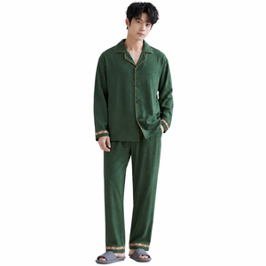 Men's Blue Long Sleeve Soft 100% Cotton <b>Pajama</b> Set Solid Color Button Front Casual Sleepwear Summer Season Wear Custom Logo High - Product Image 2