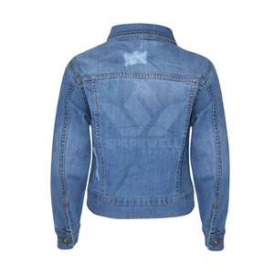Chaqueta vaquera azul medio desgastada para mujer con cierre de botones, cuello vuelto, manga larga, corte ajustado, informal - Product Image 4