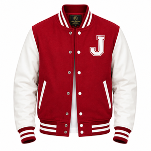 Red & White Solid <b>Leather</b> Varsity <b>Jacket</b> Windproof Breathable <b>Winter</b> Zipper Closure Casual Stand Collar Men OEM Service - Product Image 1