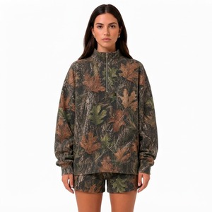 เสื้อสเวตเตอร์มีซิปครึ่งตัวลายพรางสำหรับผู้หญิง ชุดกางเกงขาสั้นเข้าชุด ทรงหลวม ชุดลำลอง ชุดสำหรับฤดูใบไม้ร่วง ชุดสำหรับใส่กลางแจ้ง วัสดุผ้าฟลีซ - Product Image 1