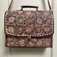 Fabriqué à la main Western porte-documents en cuir véritable Buck Stitch sac de travail pour les femmes dissimulé transporter bandoulière pochette d'ordinateur