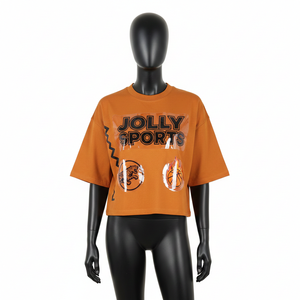 T-shirt court pour femme en jersey de coton 180 GSM, toucher doux, couleur orange rouille, logo thermocollé, respirant - Product Image 1