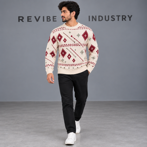Pull de Noël personnalisé pour homme, col rond, tricot jacquard géométrique ivoire bordeaux, pull d'hiver, vente en gros OEM - Product Image 2