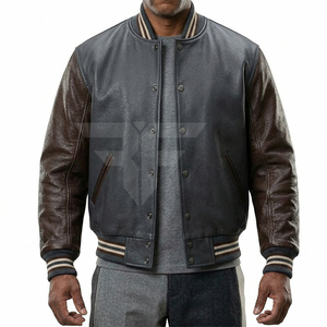 Chaqueta Varsity de Cuero Genuino Marrón para Hombre, Impermeable, con Cuello Alto, Bordado 3D, Diseño Frontal Personalizable, Moda de Invierno - Product Image 1