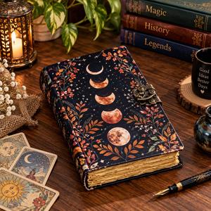 Vintage Moon Phase Leather Journal 7x5 Inch Celestial Grimoire Deckle Edge Notebook Antique Clasp Witchy <b>Diary</b> - Product Image 1