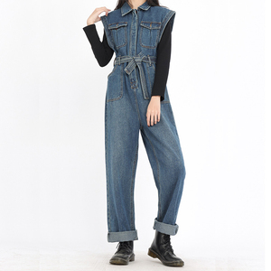 Combinaison en jean sans manches pour femme, col rabattu, taille haute, ceinture, coupe ample, décontractée, effet délavé - Product Image 5