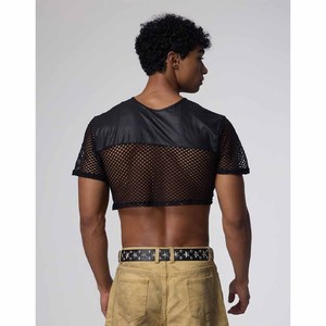<b>Men's</b> Black <b>Mesh</b> Crop T-Shirt Short Sleeve O-Neck Color Blocked Street Style Regular Fit Breathable <b>Top</b> - Product Image 2